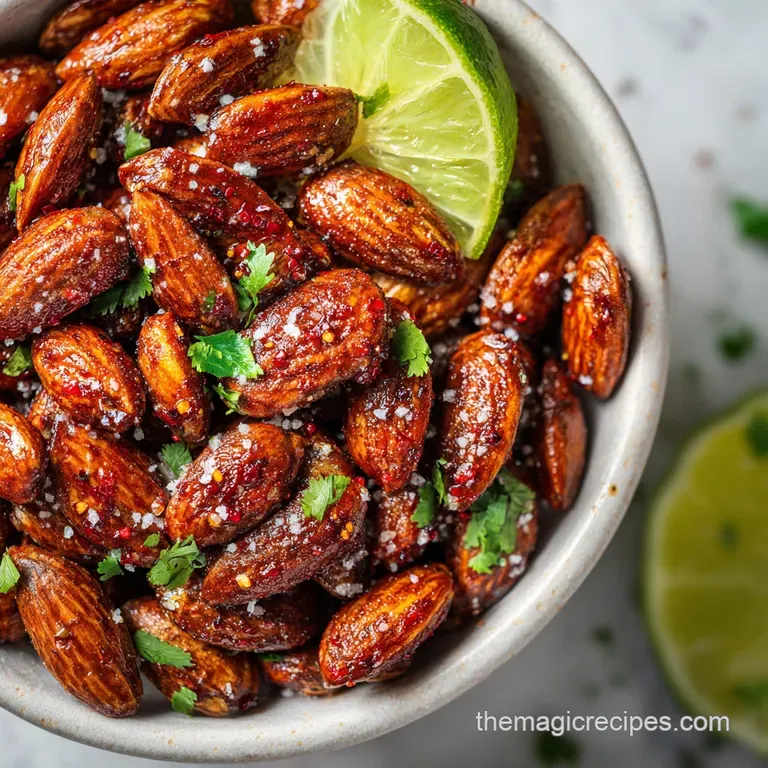 Pile of warm, glistening roasted almonds artfully arranged in a small ceramic bowl, ready to be enjoyed as a snack.