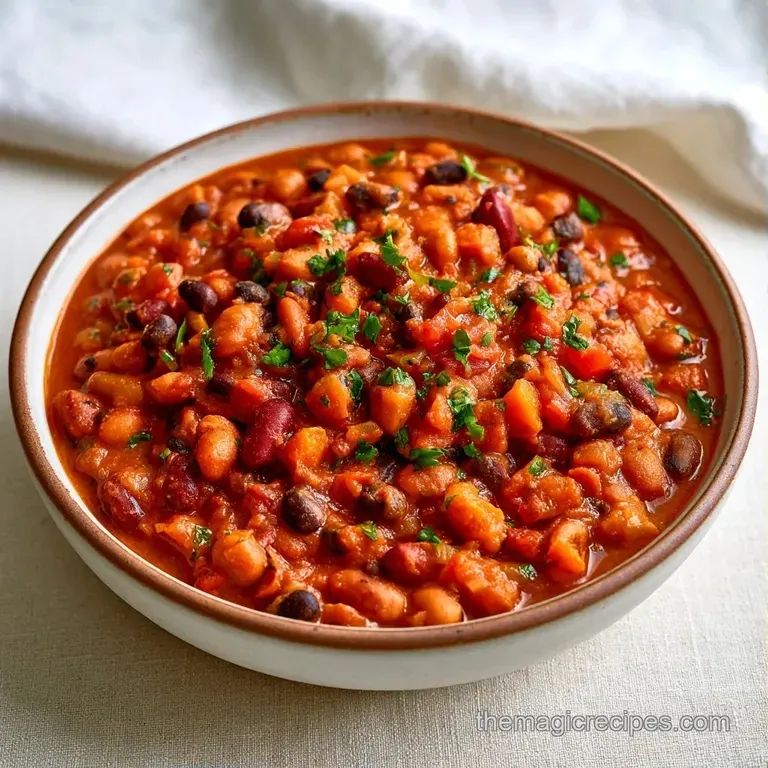 Thick red stew in a ceramic bowl topped with a swirl of cool cream, fresh cilantro, and sliced green chilies.