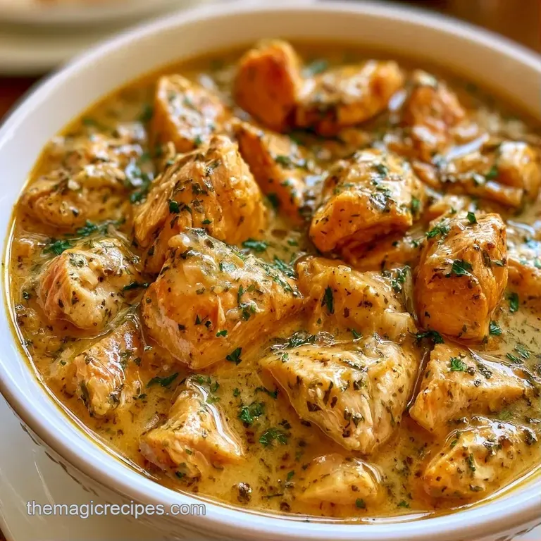 Rustic ceramic bowl filled with chunky chicken and root vegetables, topped with a sprinkle of fresh green parsley.