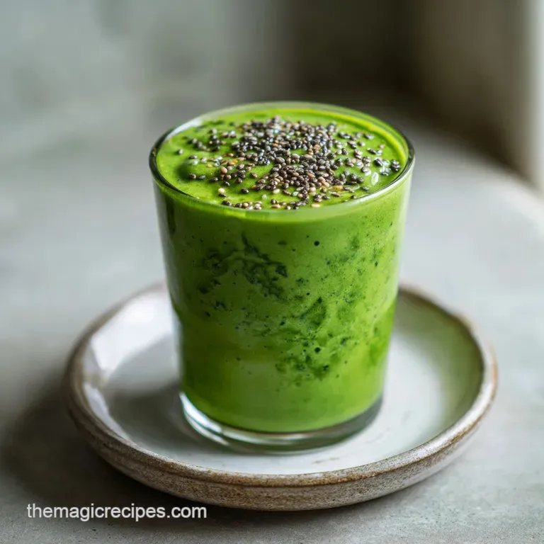 Chilled green drink in a sleek glass on a white marble table, surrounded by fresh baby spinach and ripe banana slices.