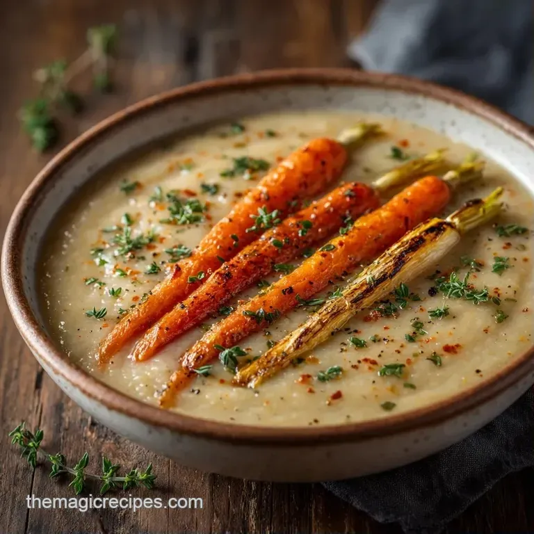 A deep ceramic bowl filled with creamy beige soup, topped with golden roasted beans and a sprig of fresh thyme.