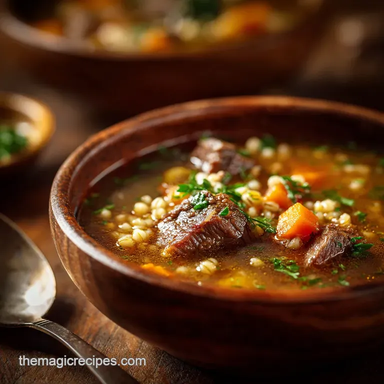 Beef Soup: Mums Sunday Best Hearty Beef and Barley Broth presentation