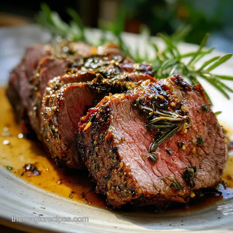 Herb-crusted beef sliced and plated with colorful roasted root vegetables, glistening with savory juices and garnished wit...