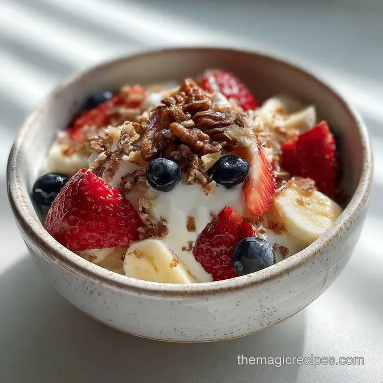 Elegant glass filled with layers of smooth yogurt, vibrant berries, and crunchy granola, topped with a sprig of fresh mint.