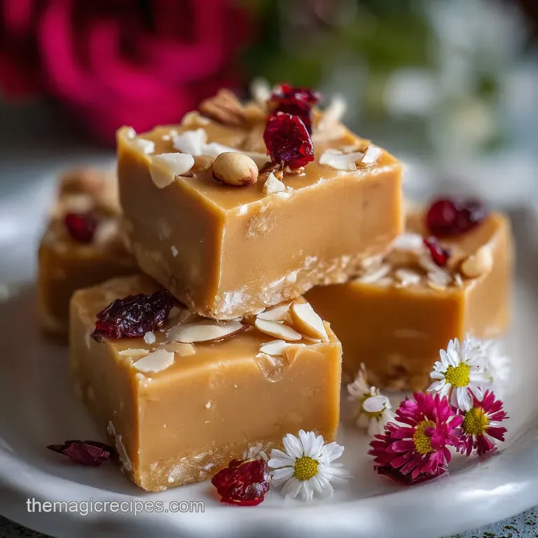 Stacked fudge squares on a marble board, dusted with cocoa powder and paired with a steaming mug of hot chocolate.