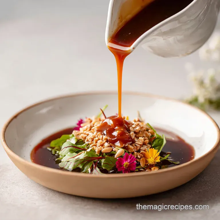 A glistening swirl of creamy ginger dressing over fresh, crisp lettuce and colorful vegetables.