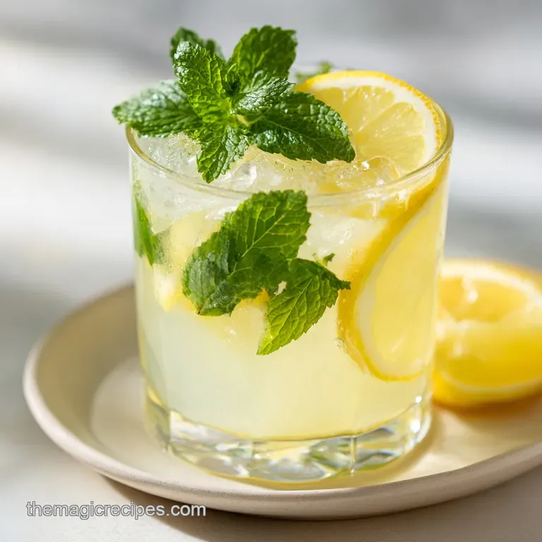 Frosted glass of pale yellow beverage accented with bright mint sprigs and citrus wheels on a light background.