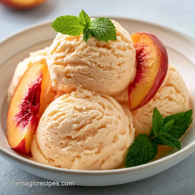 Pale orange frozen scoops in a white porcelain bowl garnished with fresh peach wedges and a sprig of green mint.