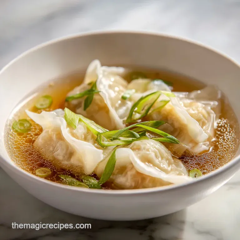 Elegant white bowl filled with silky dumplings and bright green scallions in a shimmering, translucent broth.