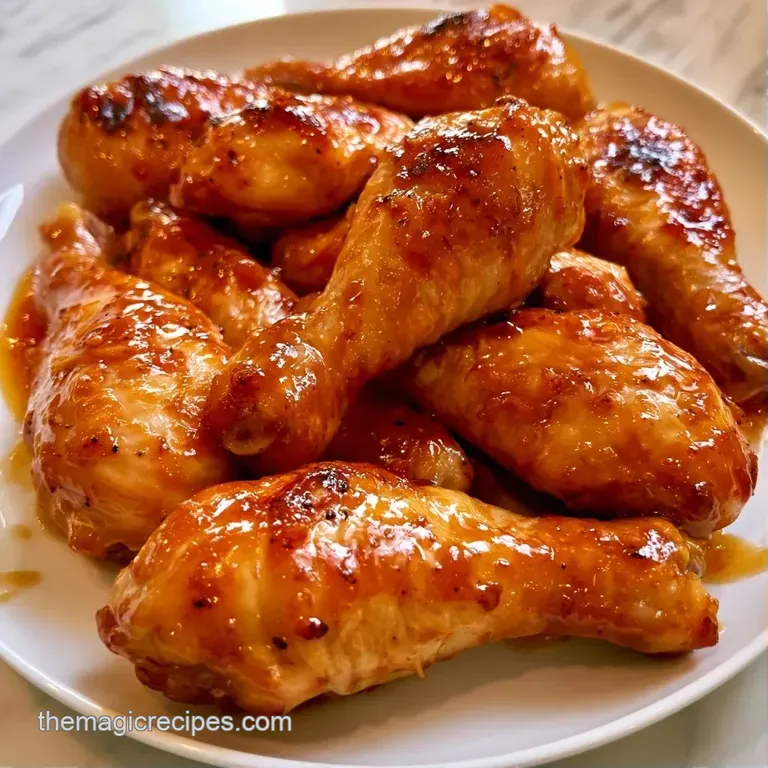 Three glistening glazed drumsticks arranged on a white plate with thin orange slices and fresh green parsley sprigs.