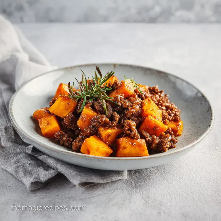 Glossy beef chunks and roasted orange tubers neatly arranged in a bowl, topped with fresh sliced scallions.