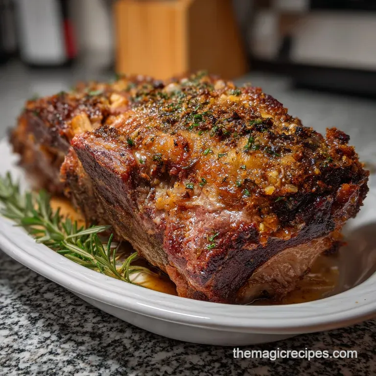 Elegant plate featuring a perfectly sliced, juicy roast with crispy edges, accompanied by seasonal sides and a rich gravy.