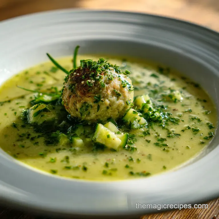 A steaming bowl of Italian meatball soup, garnished with fresh parsley, served on a rustic wooden table with a spoon.