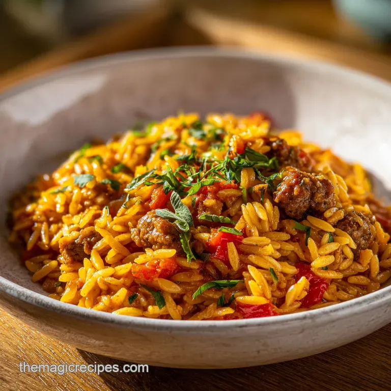 A single, artful serving of Italian sausage orzo, garnished with fresh parsley and a sprinkle of Parmesan, steaming gently...