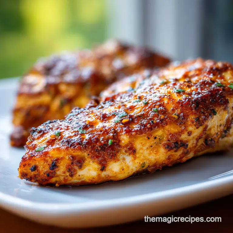 Perfectly seared chicken breast atop vibrant mixed greens with a lemon wedge. Light glistens off the tender meat.