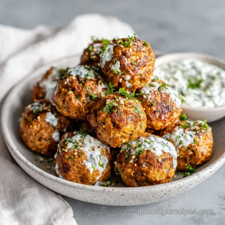 Three juicy turkey meatballs atop creamy tzatziki, garnished with dill. A drizzle of olive oil adds shine to the inviting ...