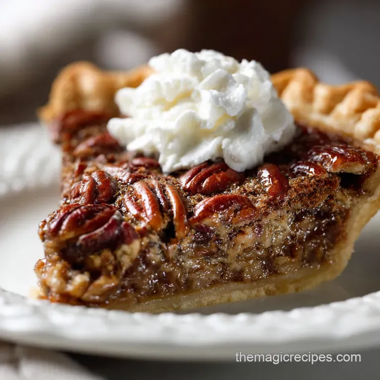 Slice of pecan pie on a white plate, with a scoop of vanilla ice cream melting slightly, highlighting the pie's rich, dark...