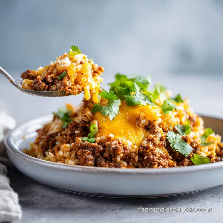 A steaming mound of cheesy ground beef and cauliflower, garnished with fresh herbs, served in a rustic bowl.