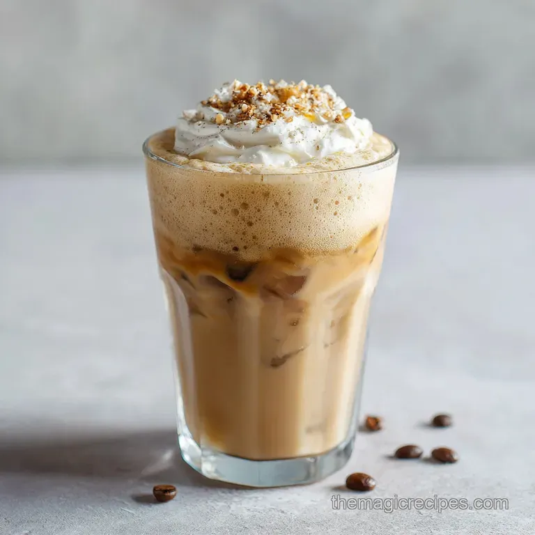 Frothy iced coffee in a tall glass, garnished with a delicate drizzle of vanilla cream.