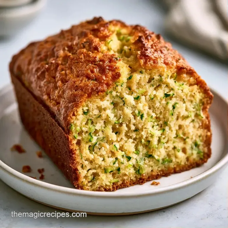 A thick slice of golden-brown quick bread on a white ceramic plate with a pat of melting butter on top.