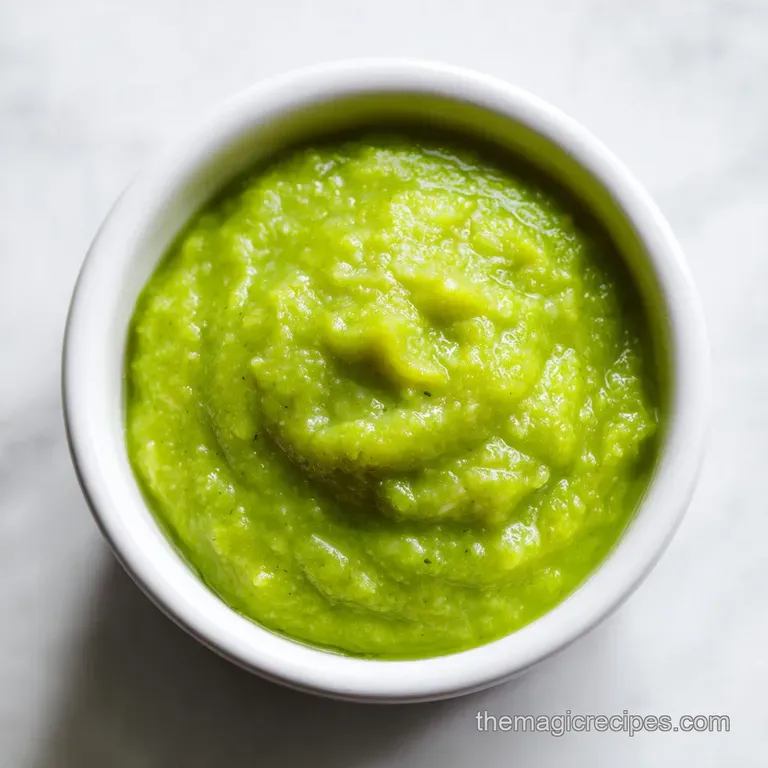 A swirl of pale green puree in a white bowl, topped with thin kiwi slices and a mint leaf.