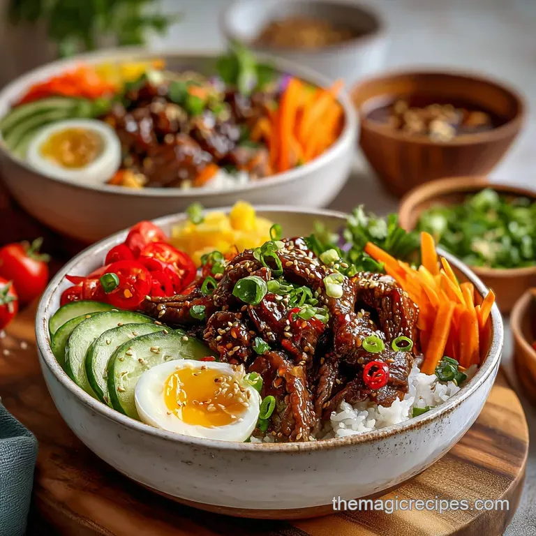 Korean beef bowl presented with style: vibrant green onions, sesame seeds, and a glossy, rich sauce over fluffy rice & ten...