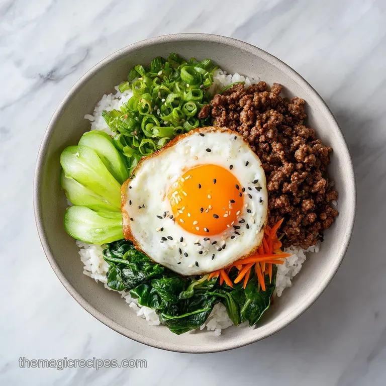 Steaming Korean ground beef and rice bowl artfully arranged with a vibrant mix of fresh vegetables and a sprinkle of sesam...