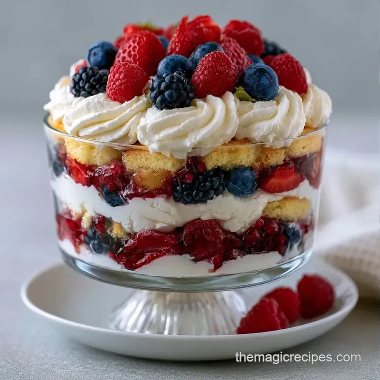 Elegant glass coupes filled with alternating layers of sponge cake, whipped cream, and glistening summer berries.
