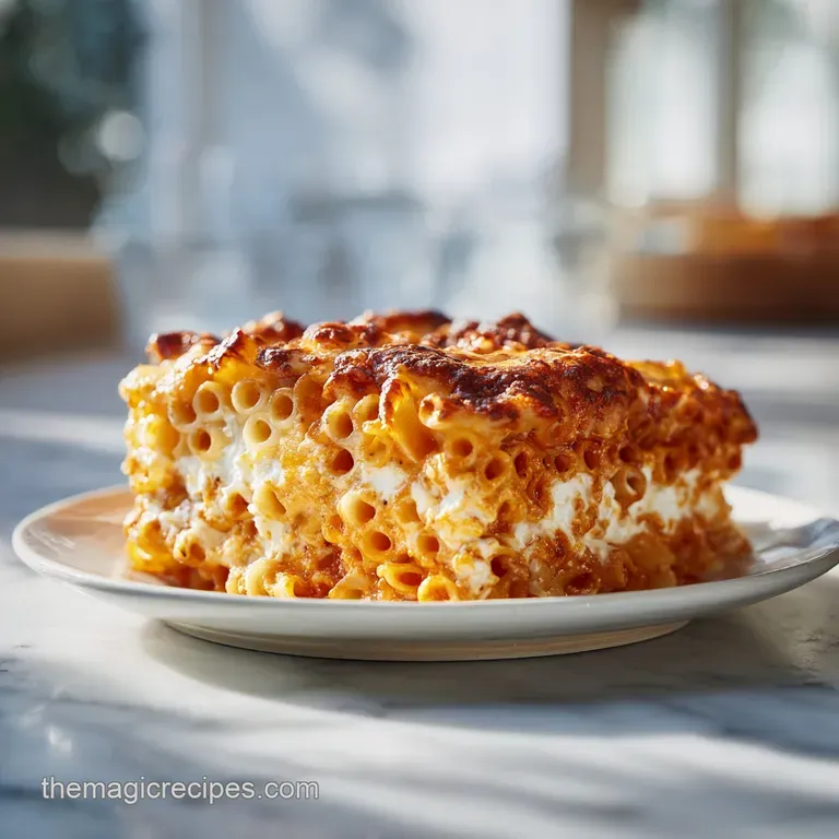 A neat square slice of layered pasta with oozing cheese and rich tomato sauce on a white ceramic plate.