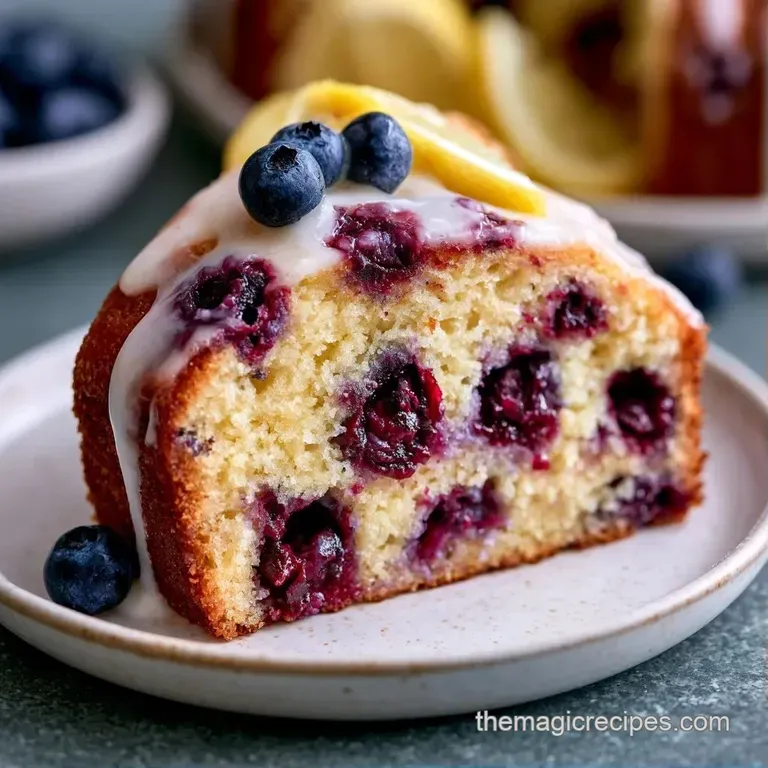 A neat slice of zesty lemon cake with juicy blueberries, plated on white porcelain with a dollop of whipped cream.