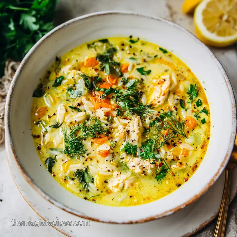 Elegant bowl of lemon orzo soup garnished with fresh dill; steam rising, hinting at warmth. A comforting, inviting meal.
