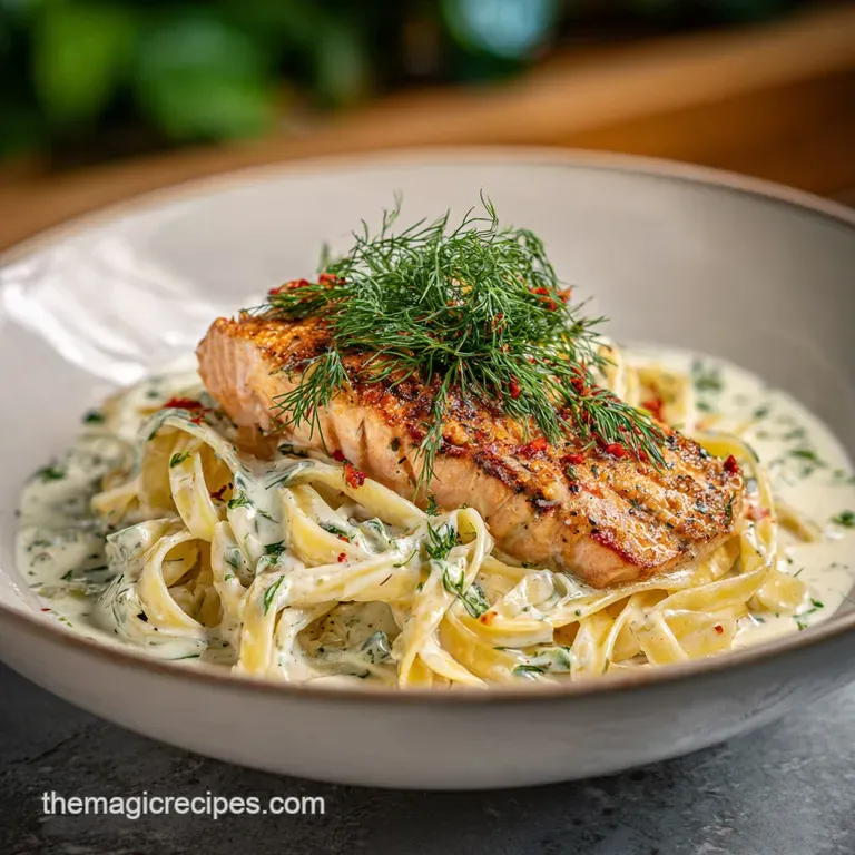 Flaky salmon atop twirled pasta with a creamy lemon sauce, garnished with dill; a bright, appetizing dish.