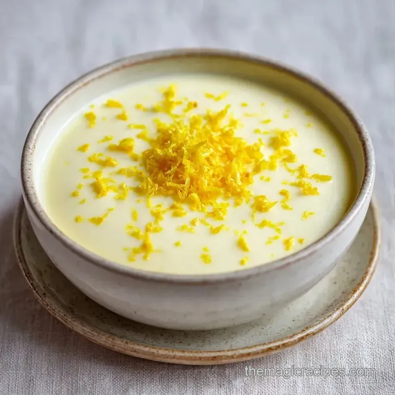 Silky, pale yellow cream served in a hollowed lemon shell on a slate platter, garnished with a tiny mint leaf.