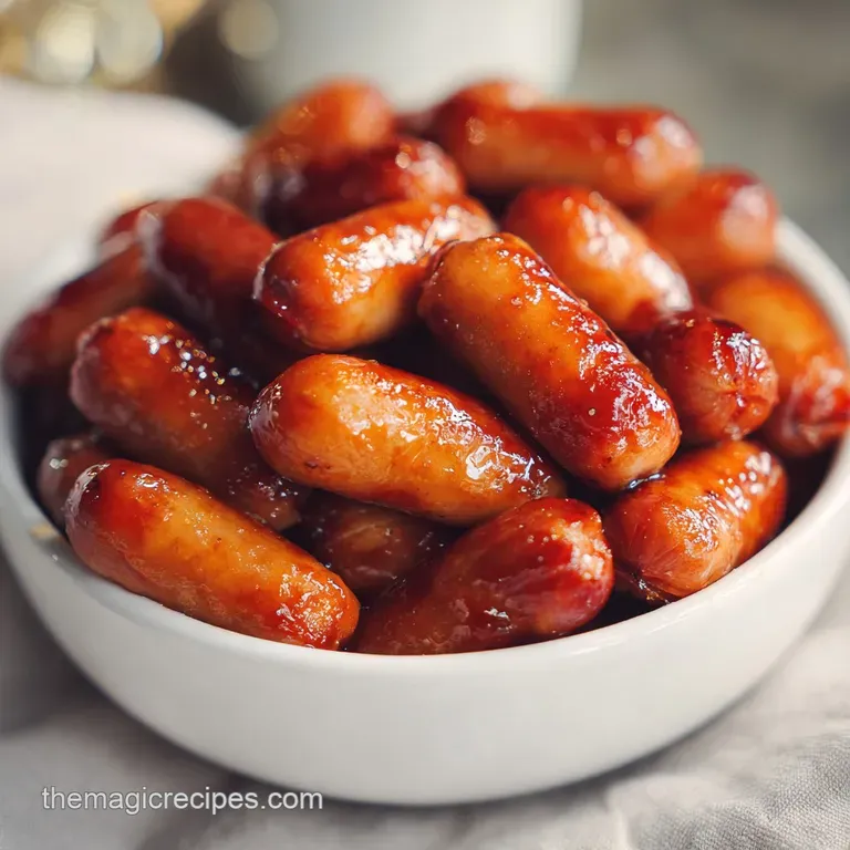 Tender sausages, coated in a shimmering, crimson glaze, elegantly stacked on a skewer, with a side of fresh parsley.