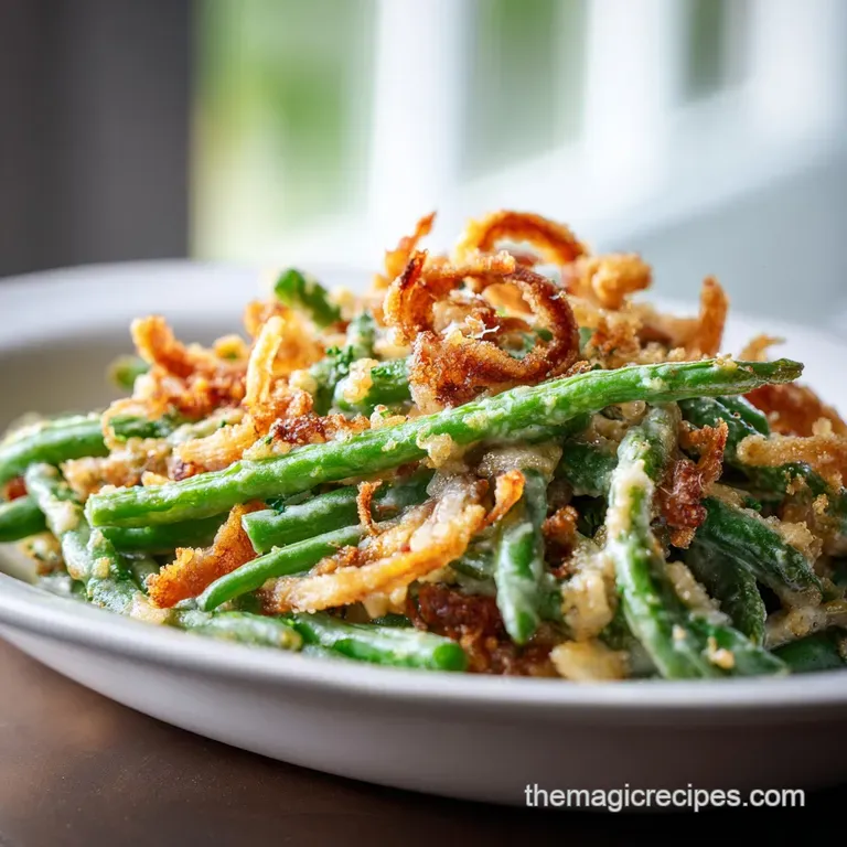 A portion of creamy green bean casserole artfully plated, showcasing tender beans and a generous crisp onion topping.