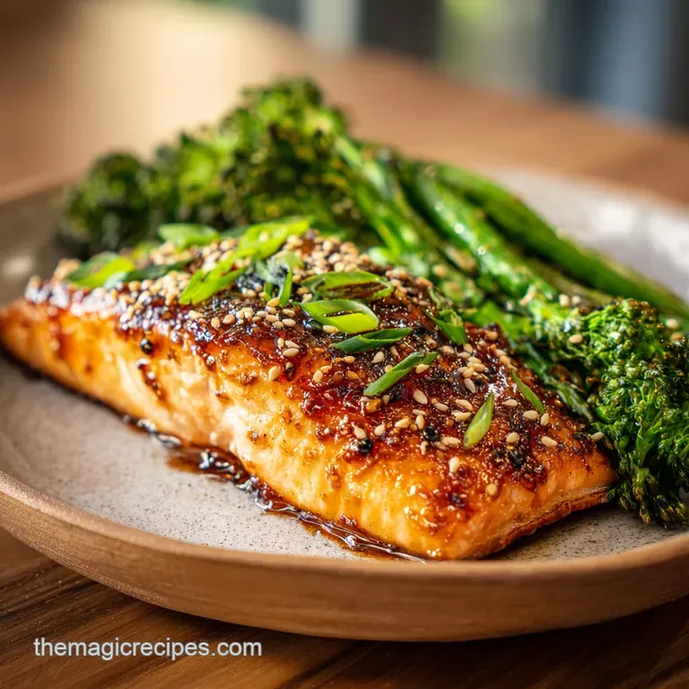 Salmon fillet with a deep maple glaze sheen, artfully plated with bright green asparagus and a sprinkle of toasted sesame ...