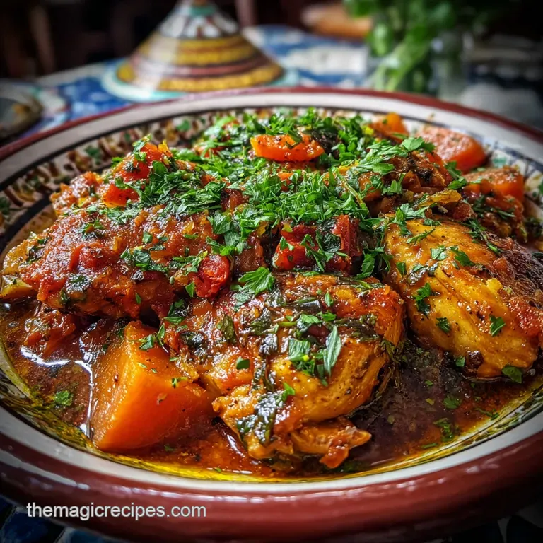 Artfully plated Moroccan chicken. Tender chicken shines beside fluffy couscous, garnished with herbs and a drizzle of flav...
