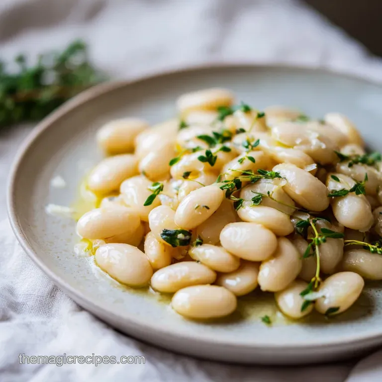 A swirl of plump butter beans in a vibrant, tomato-based broth, artfully arranged in a shallow bowl. Topped with verdant h...