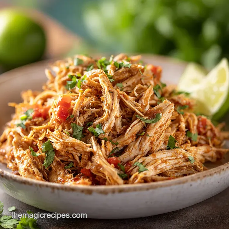 Delicious shredded chicken piled high on a warm tortilla, garnished with crisp cilantro and drizzled with a creamy, vibran...