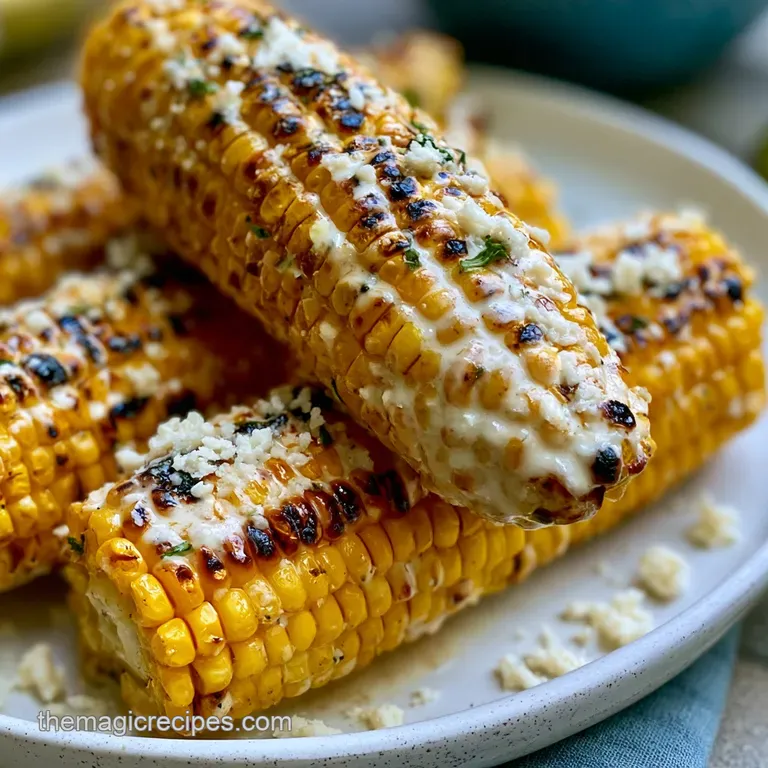 Charred corn on the cob resting on a slate platter, topped with snowy white cheese and vibrant red chili powder.