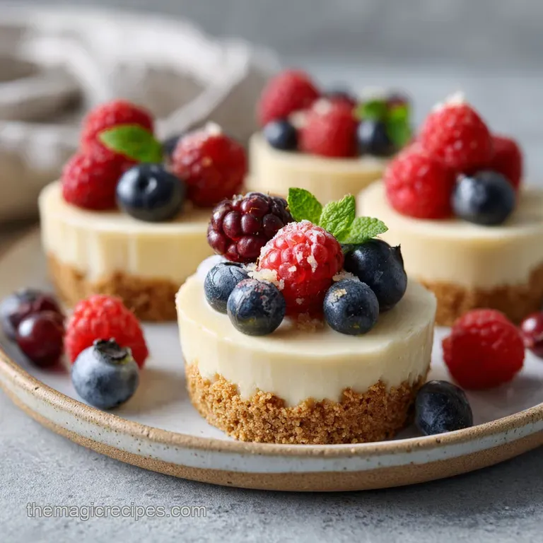 A single bite-sized creamy cake topped with a glossy red raspberry and mint leaf on a dark slate board.