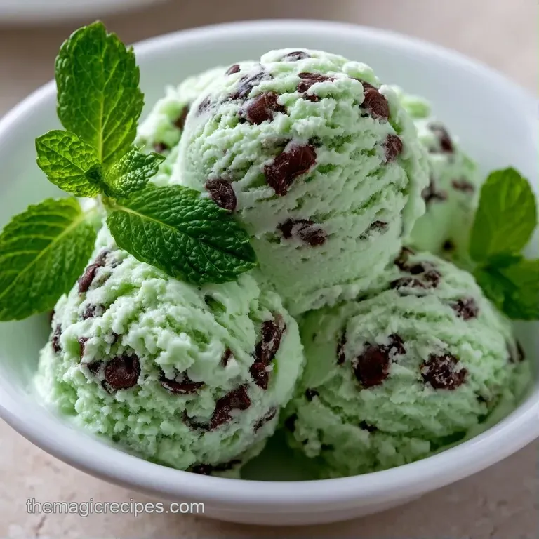 Three pale green frozen spheres on a glass platter, garnished with fresh mint leaves and a dark chocolate drizzle.
