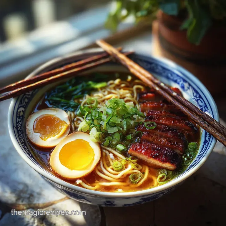 Steaming noodles artfully arranged in a white bowl, garnished with sesame seeds and a delicate sprig of herbs on a dark su...