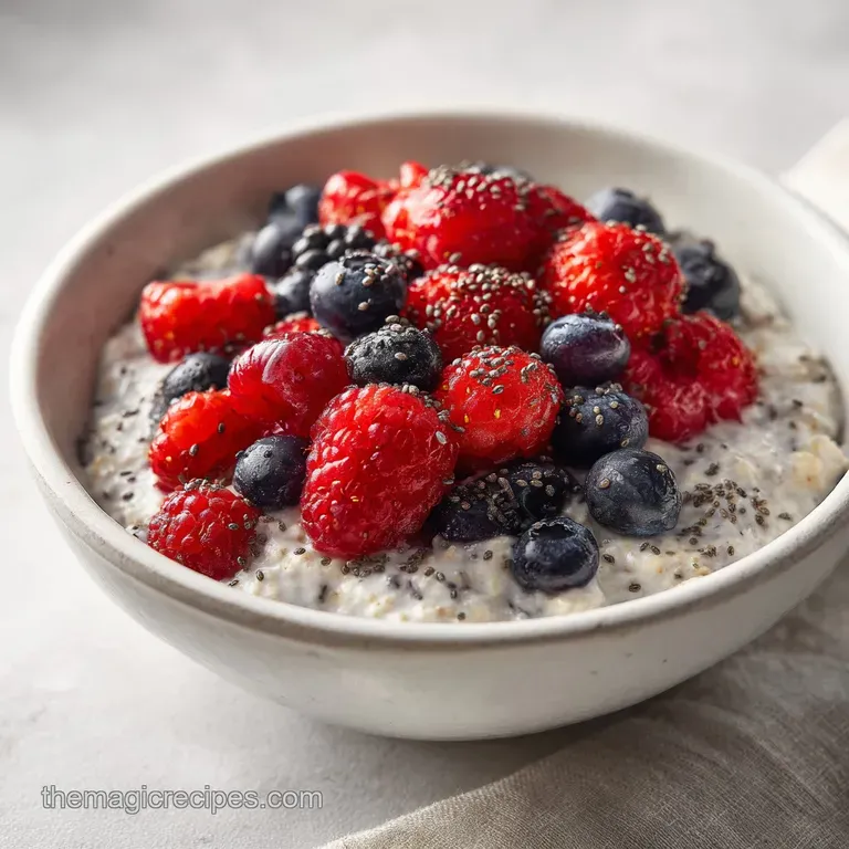 Rows of glass jars filled with creamy white oats and vibrant purple berries on a clean, bright marble surface.