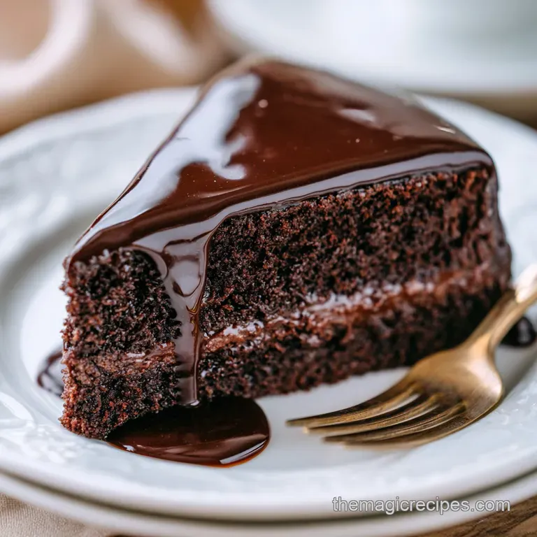 A neat slice of moist dark cocoa cake on a slate platter with a drizzle of glossy glaze and a mint leaf.