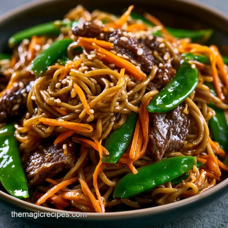 Golden fried noodles topped with savory minced beef and sliced scallions, served in a modern matte black bowl.