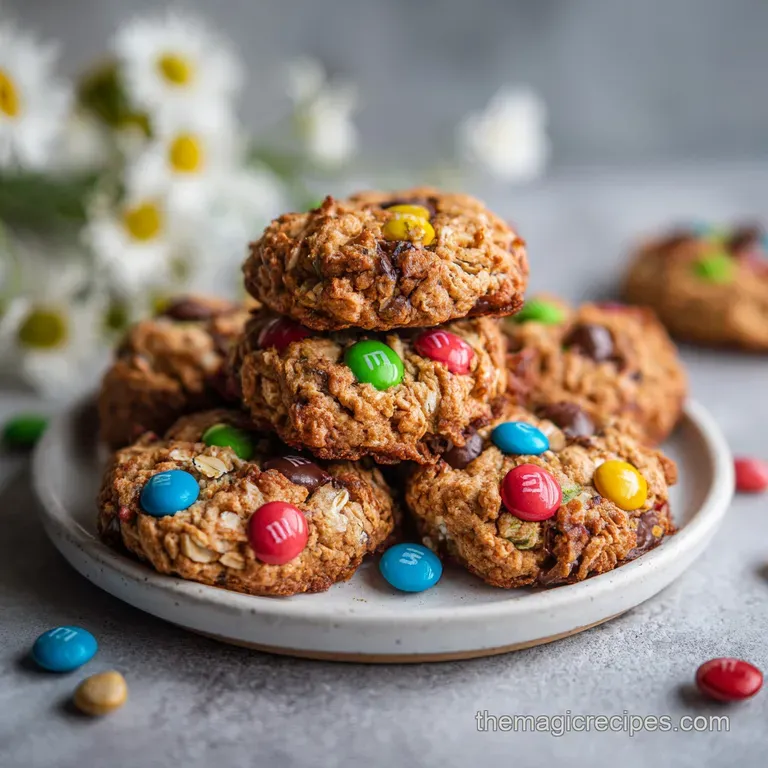 Three protein balls stacked on a white plate, sprinkled with colorful candies. A glass of milk is blurred in background.