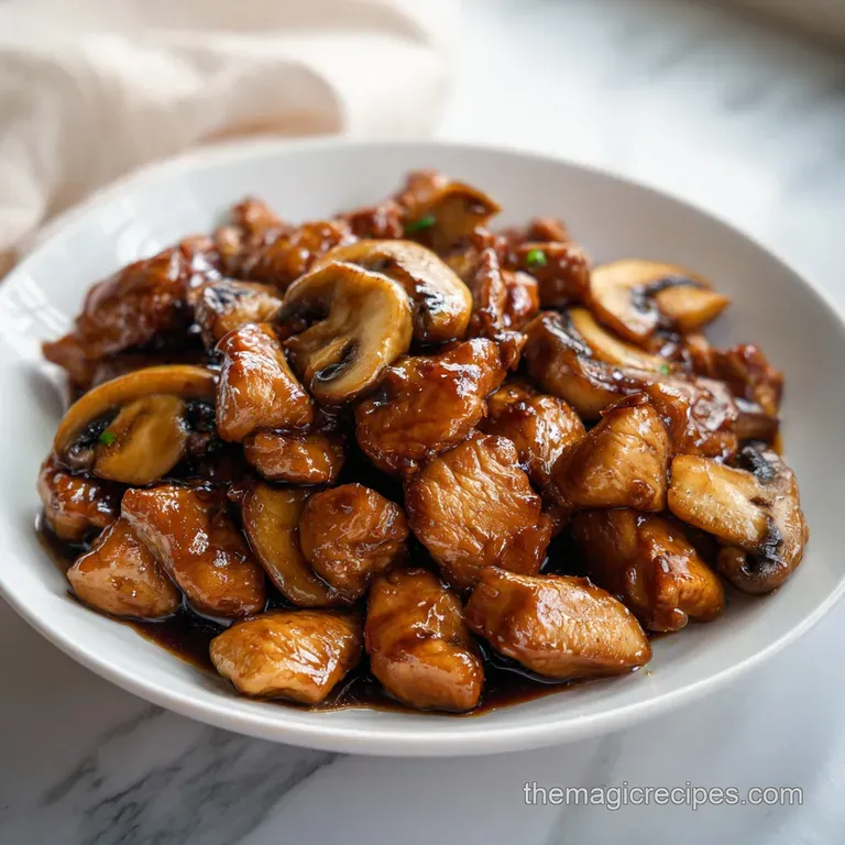 Sliced seared chicken breasts topped with a rich mushroom glaze, served alongside steamed greens on a ceramic plate.