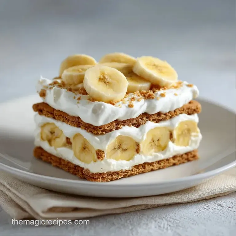 A clear glass trifle bowl showing neat layers of pale yellow cream, golden wafers, and fresh banana slices.