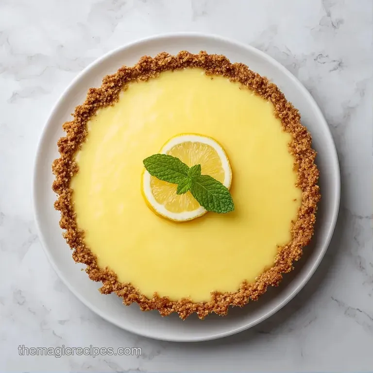 Pale yellow citrus pie slice on a minimalist white plate, garnished with a fresh mint leaf and lemon wheels.